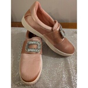 Qupid Sneakers Women's 9 Mauve Pink Satin Rhinestone Buckle Slip On Comfort Glam